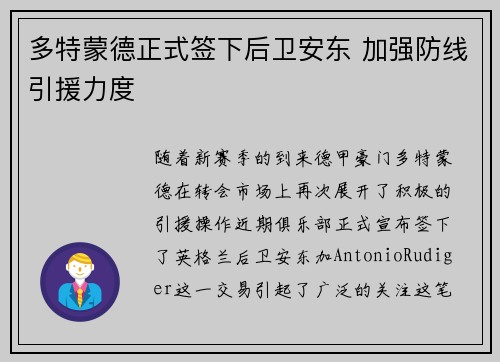 多特蒙德正式签下后卫安东 加强防线引援力度